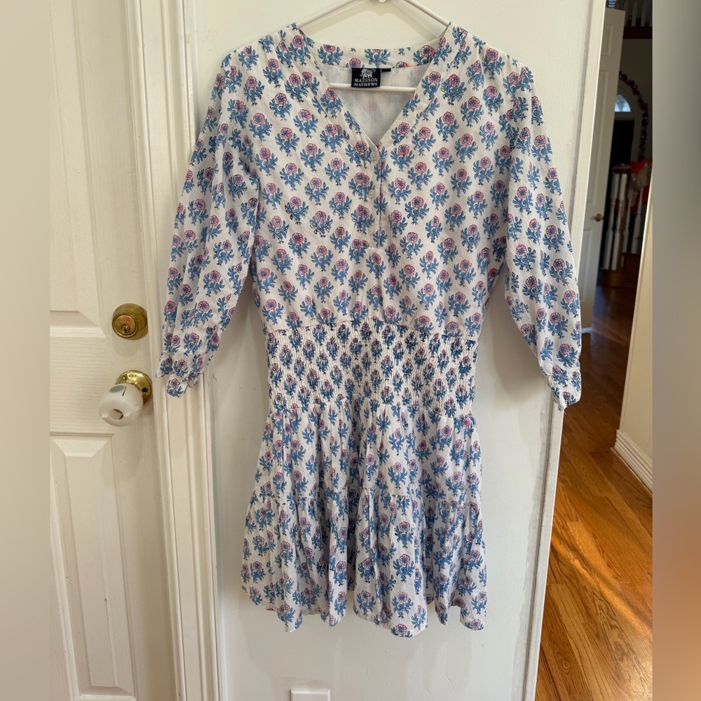 🌸 Madison Mathews Block Print Dress – Blue & Pink Floral | 100% Cotton | XS